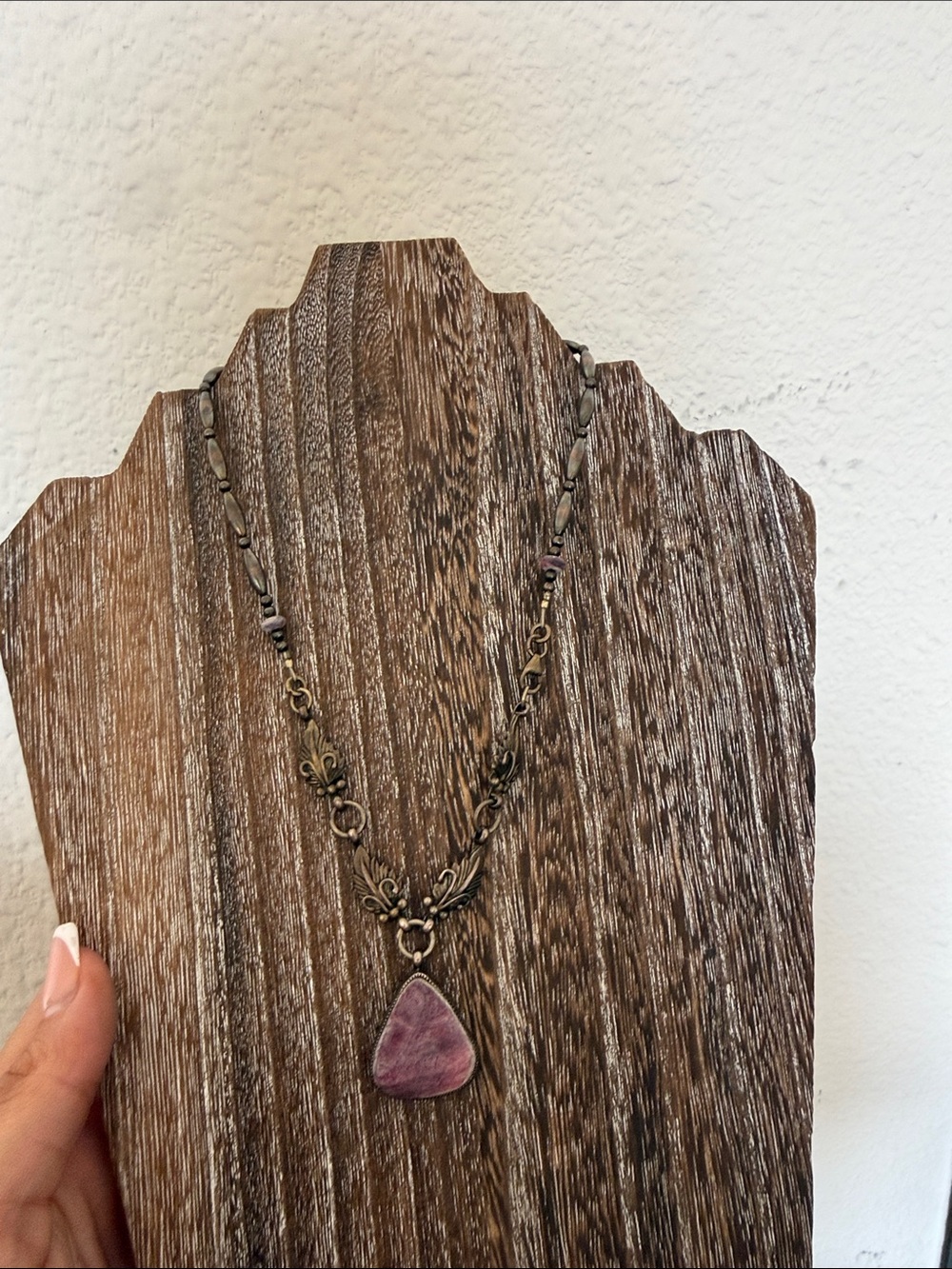 Handmade Purple Stone Pendant Necklace - Vintage Brass Chain